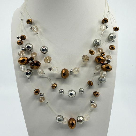Jewelry - Multi Strand Beads Necklace Bronze & Silver Tone with Clear Crystals